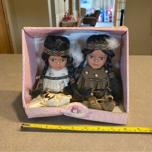 Set of 2 Native American porcelain dolls in original box, Goldenvale Collection